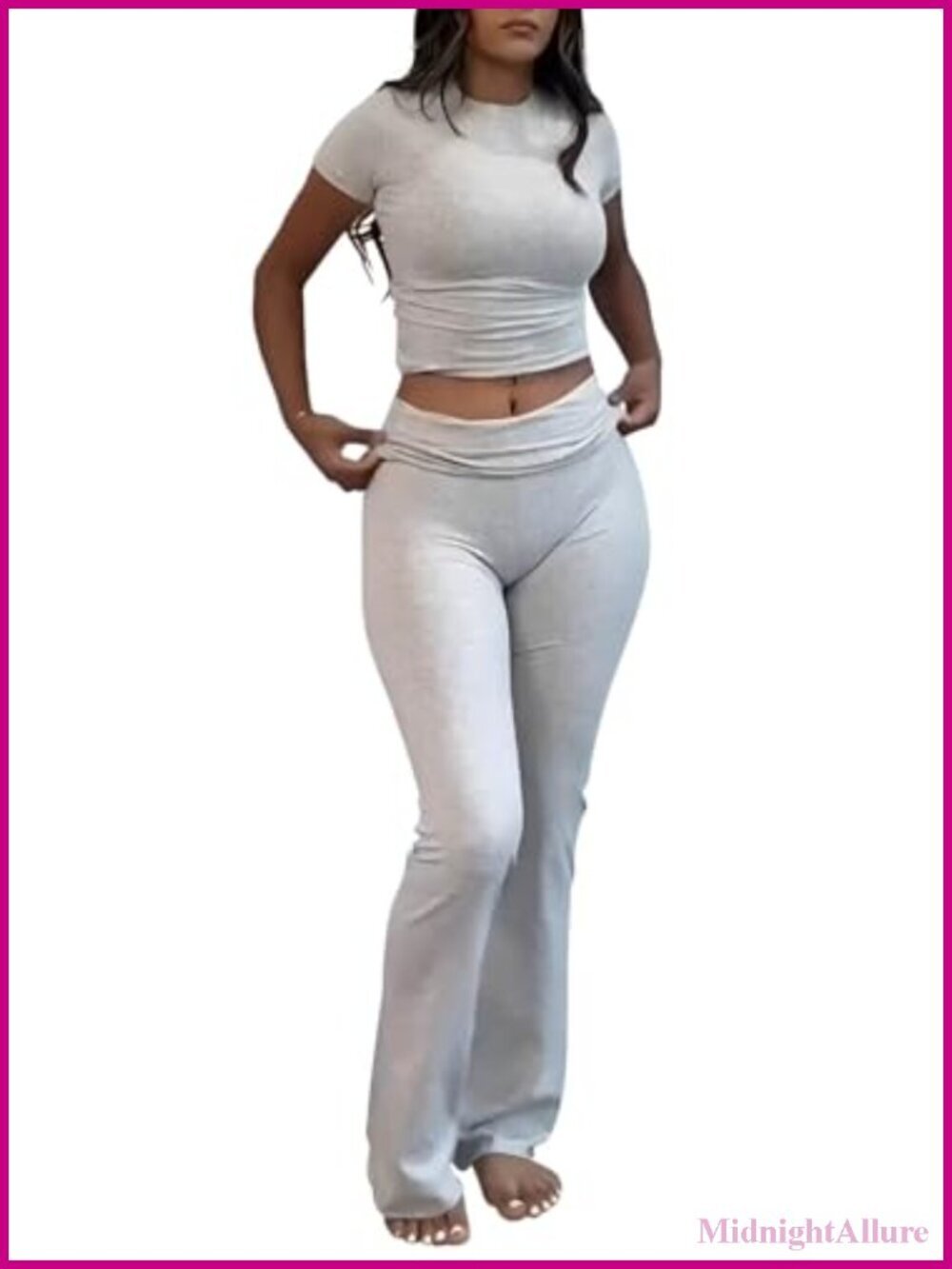 Casual Workout Two Piece Set - Short Sleeve Crop Top & High Waist Flare Pants